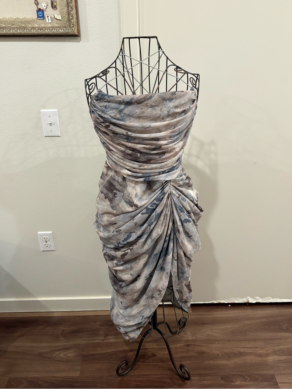 PrettyLittleThing Strapless Draped Ruched Dress in Gray Blue Taupe Watercolor